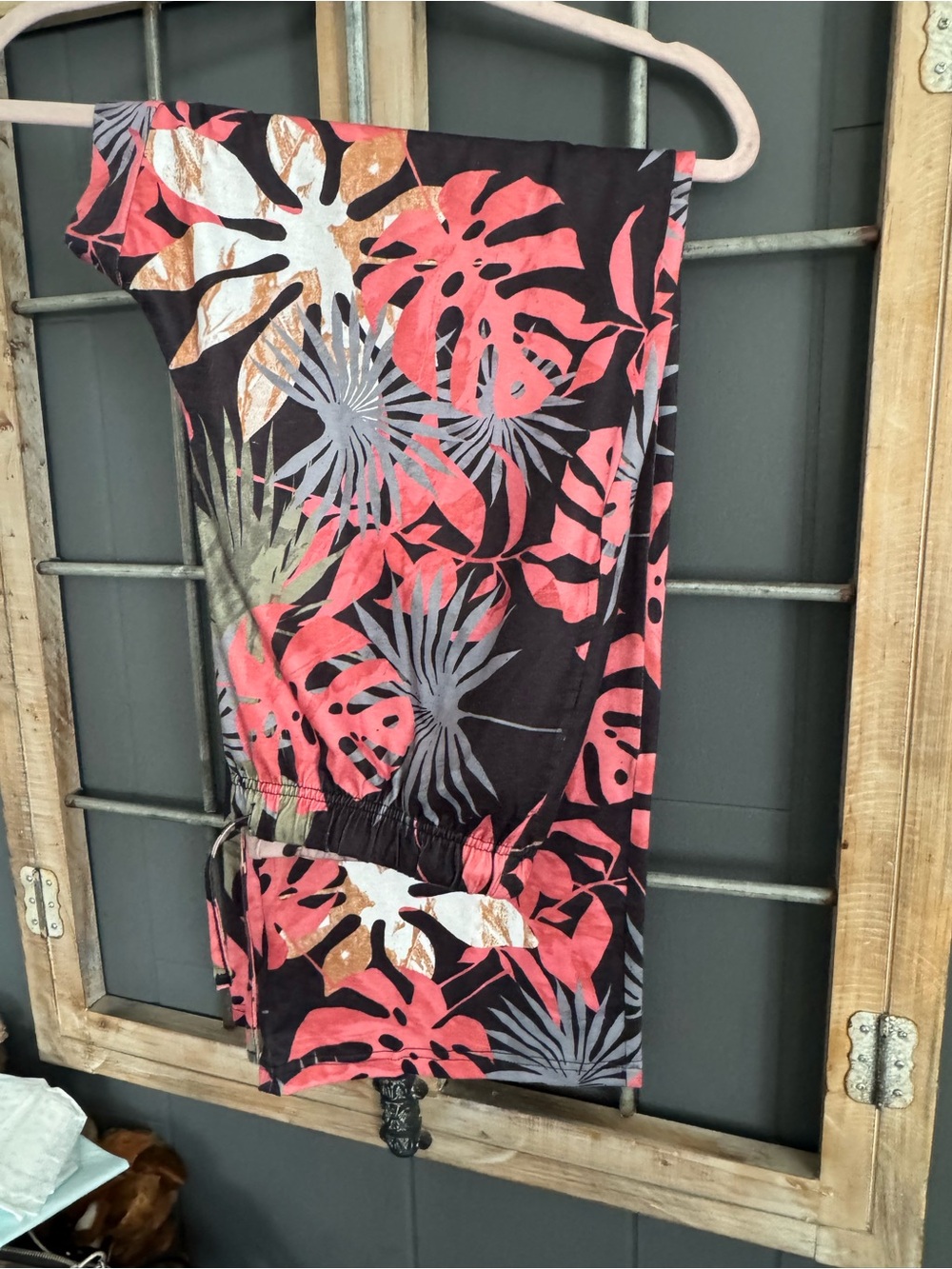 Tropical Print Black and Coral Women's lounge pants.